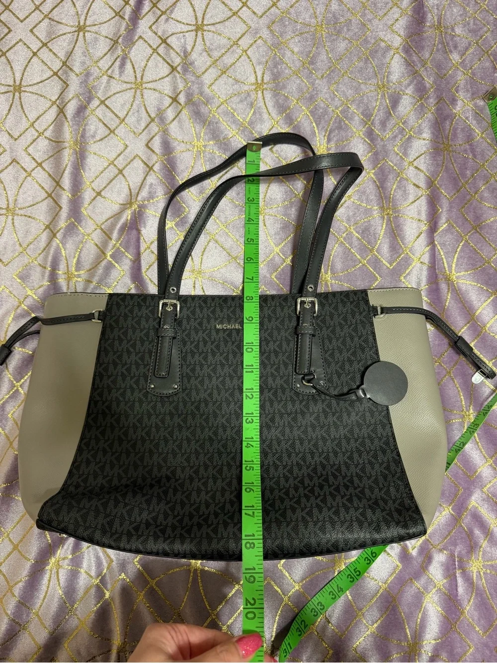 Michael Kors Black & Taupe Logo-Print Tote with MK Charm